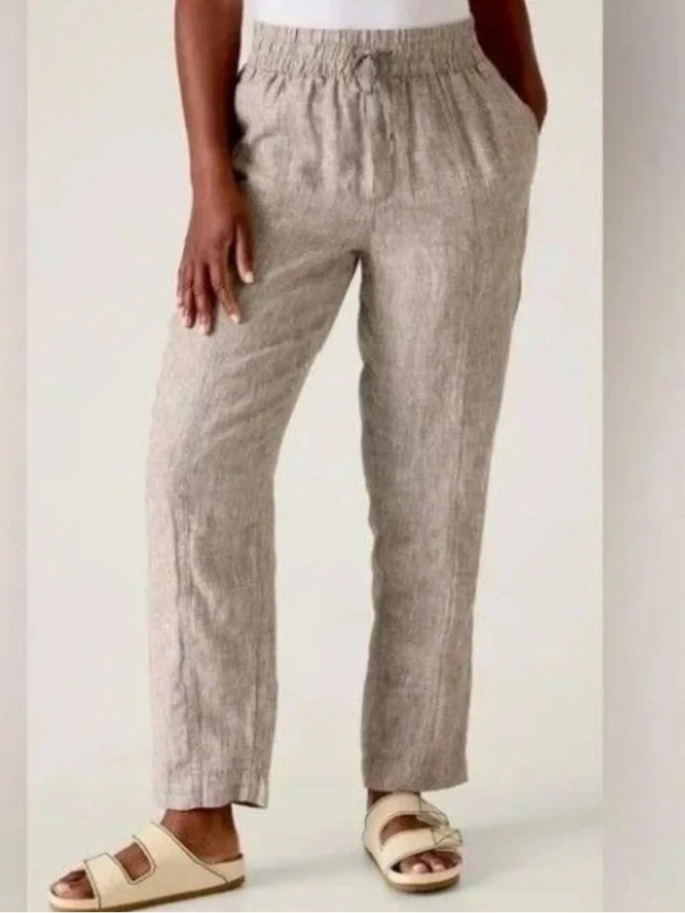 Athleta 100% Linen Retreat High Rise Ankle Pants Small Brown Beach Coastal Boho